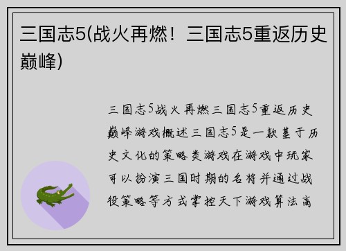 三国志5(战火再燃！三国志5重返历史巅峰)